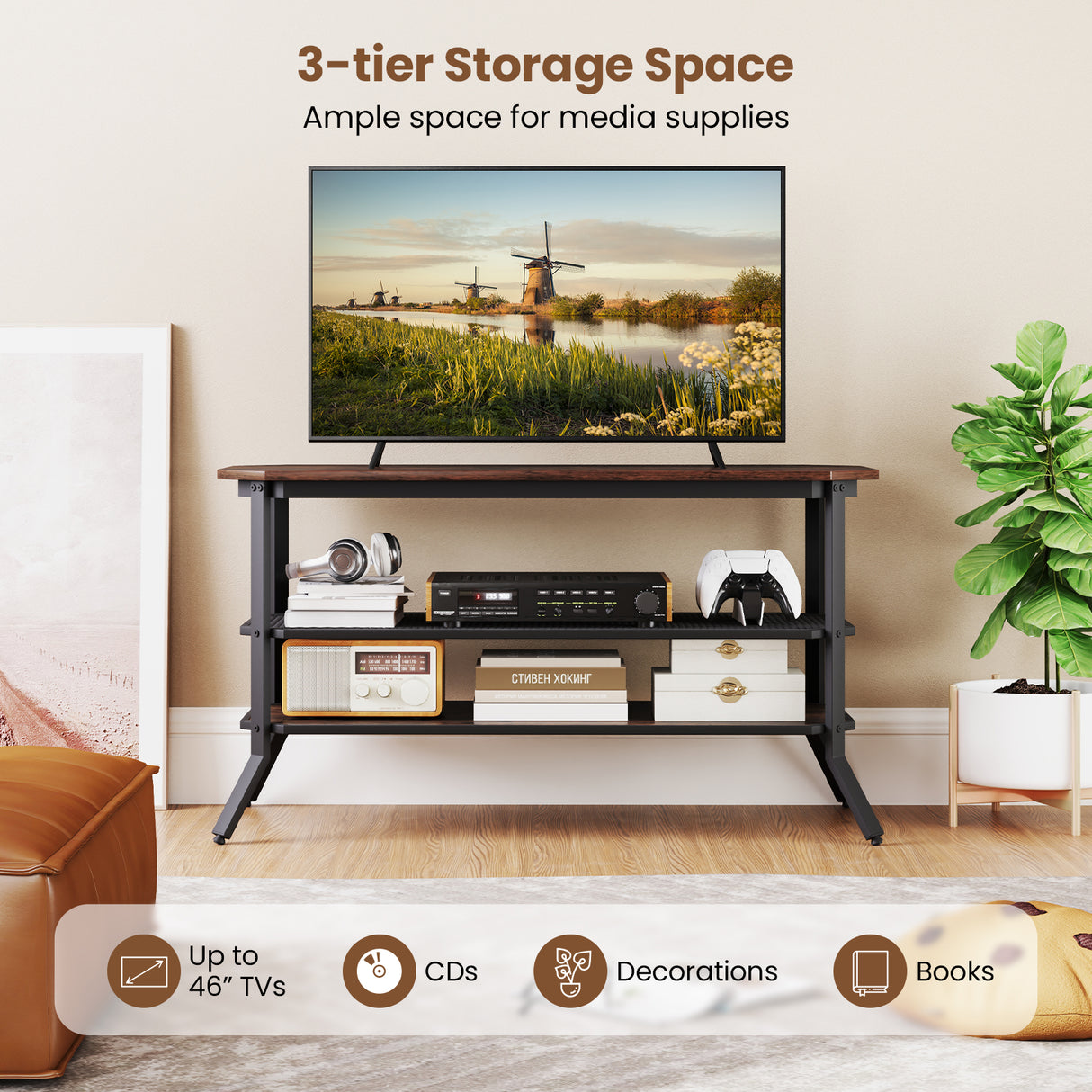 3-tier Console Table TV Stand with Mesh Storage Shelf-Rustic Brown