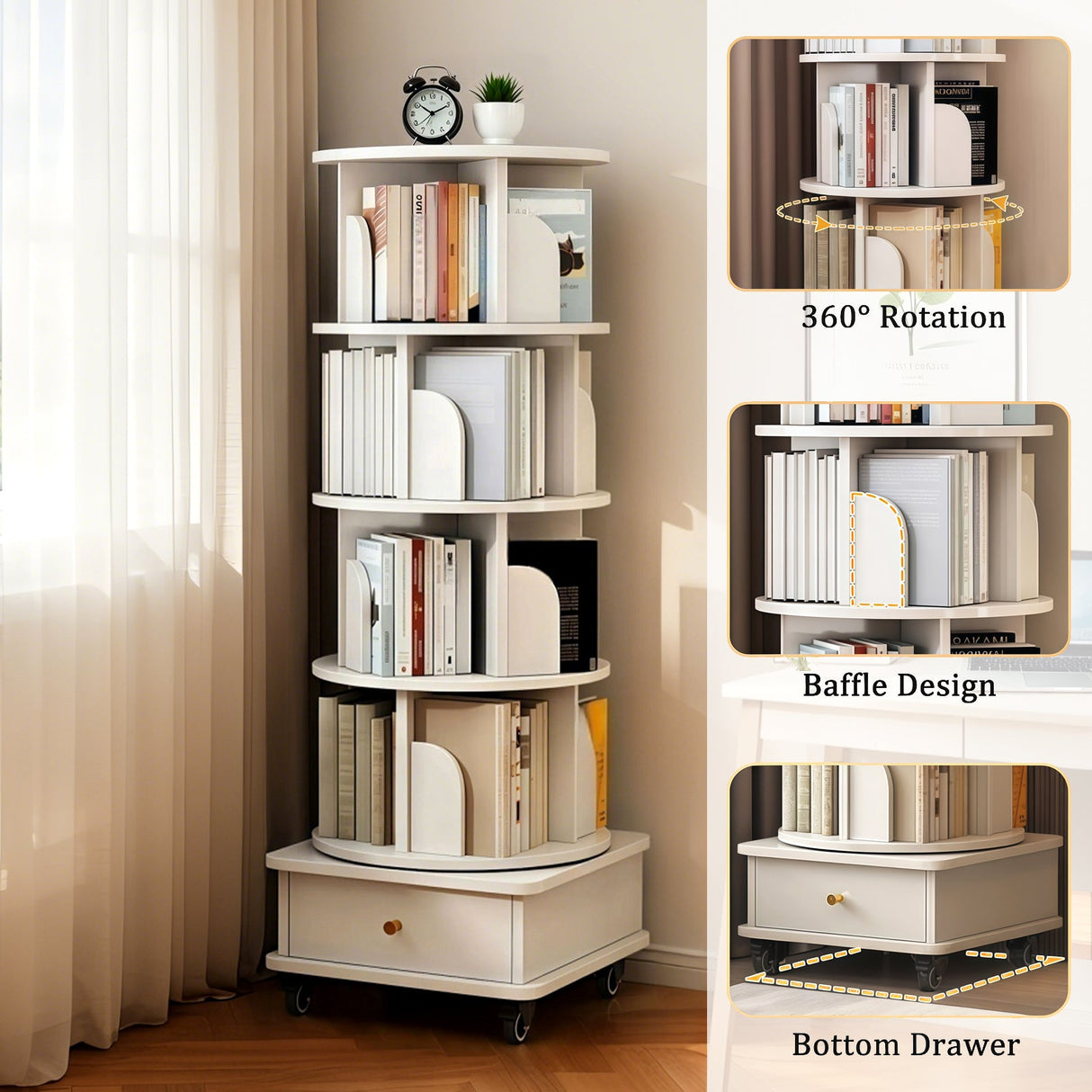 5 Tier Rotating Bookshelf with Wheels and Drawer, 360° Spinning Design, Space Saving Storage, for Home and Office, White MDF