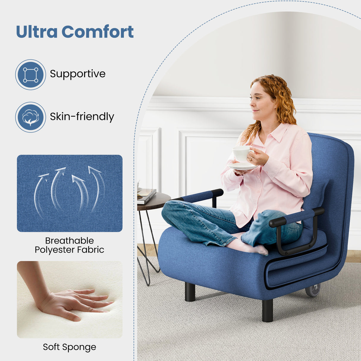 3-in-1 Convertible Sofa Bed with 5-Position Adjustable Backrest and Lumbar Pillow