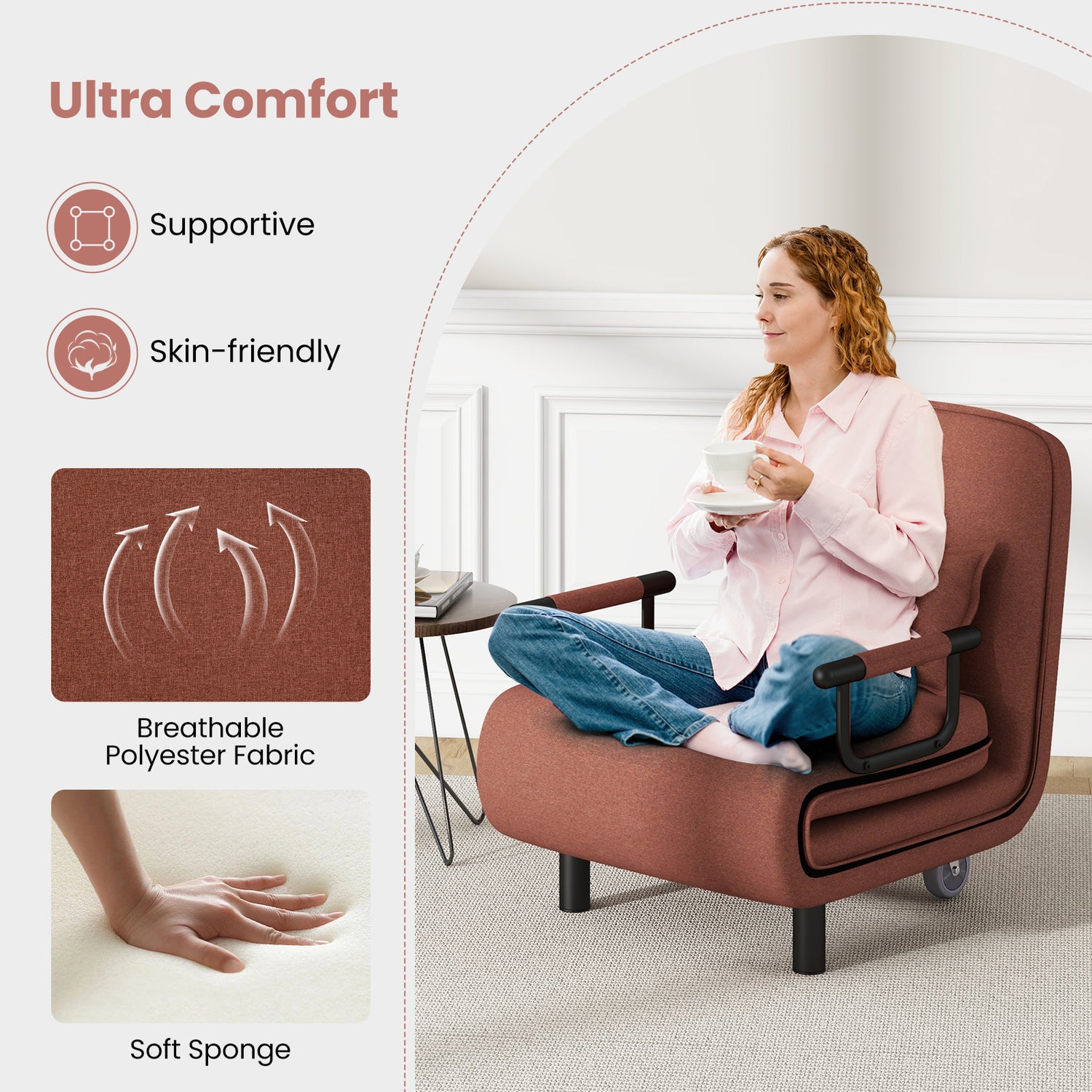 3-in-1 Convertible Sofa Bed with 5-Position Adjustable Backrest and Lumbar Pillow