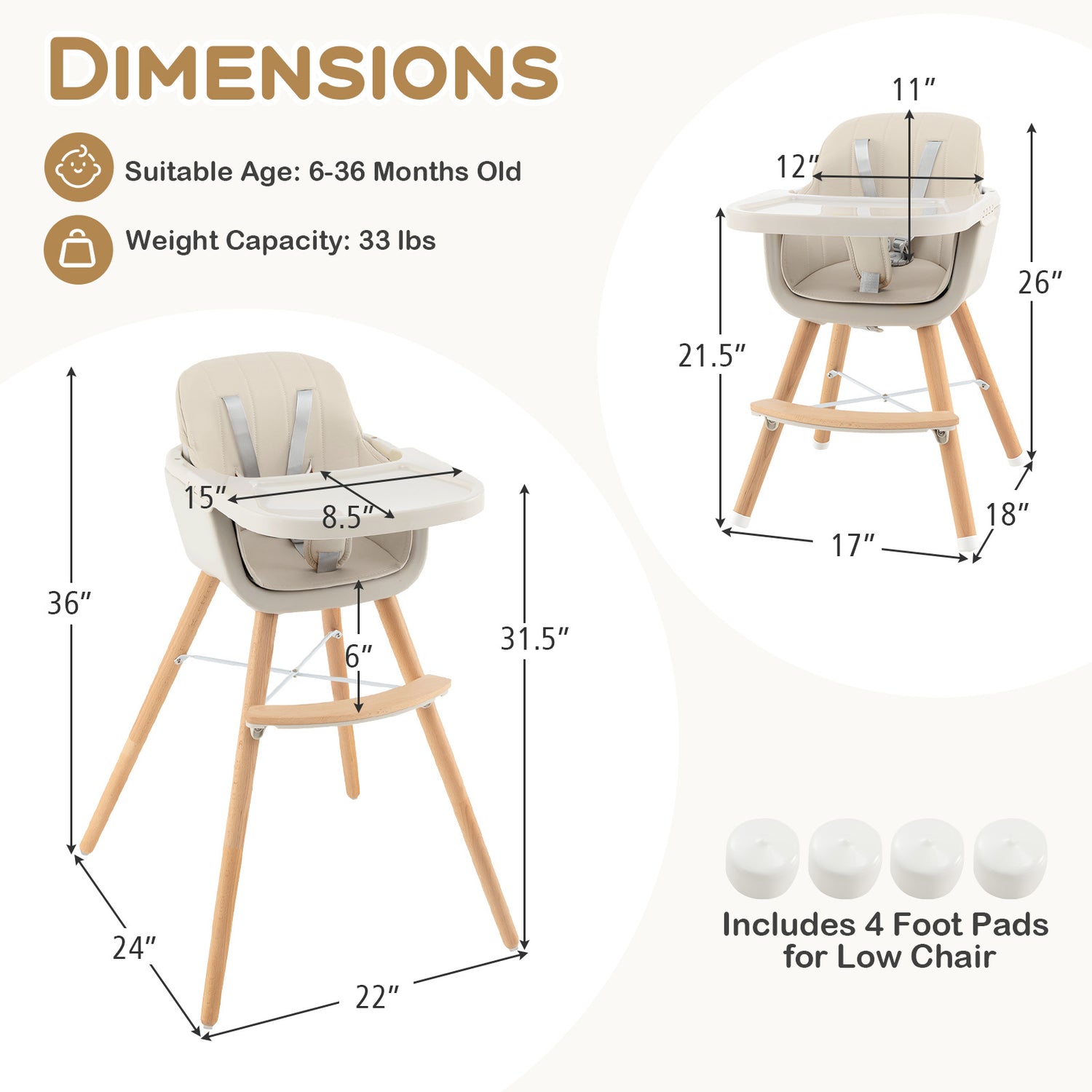 3-in-1 Convertible Wooden High Chair with Cushion