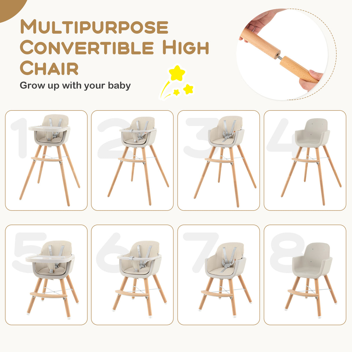 3-in-1 Convertible Wooden High Chair with Cushion
