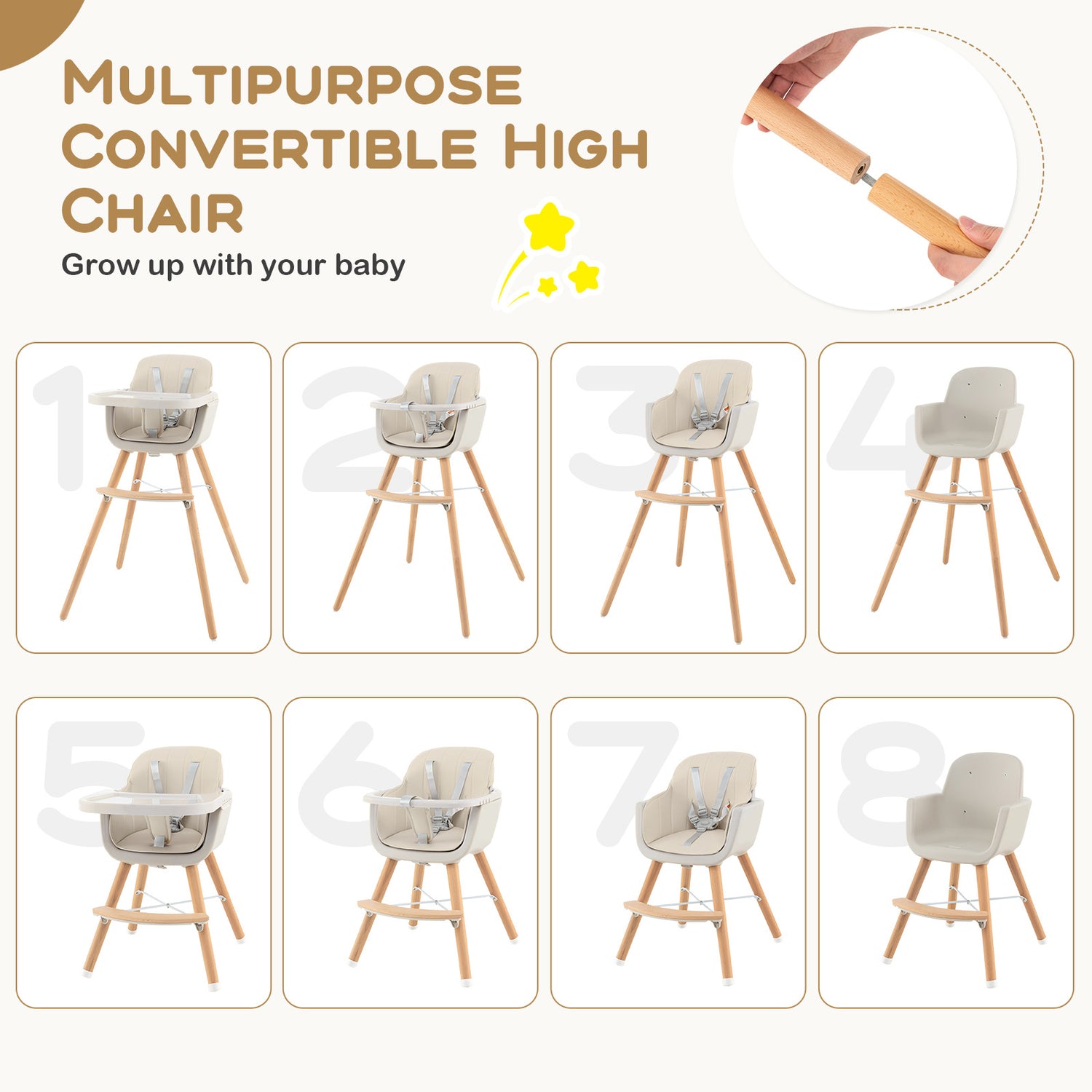3-in-1 Convertible Wooden High Chair with Cushion
