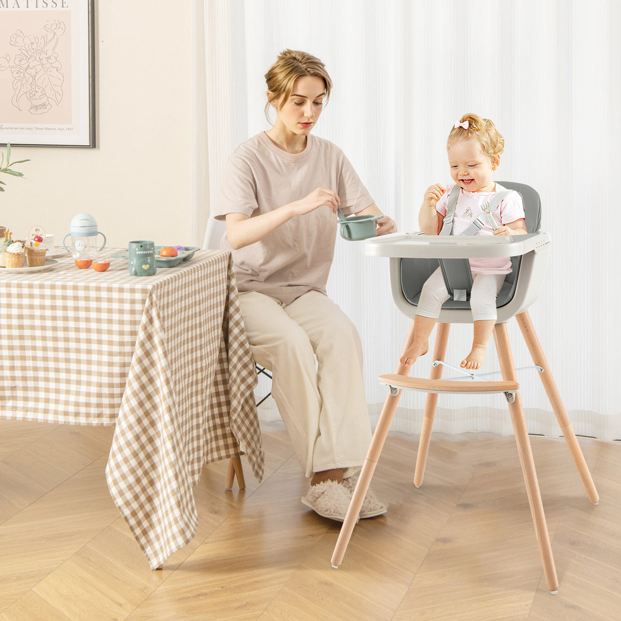 3-in-1 Convertible Wooden High Chair with Cushion