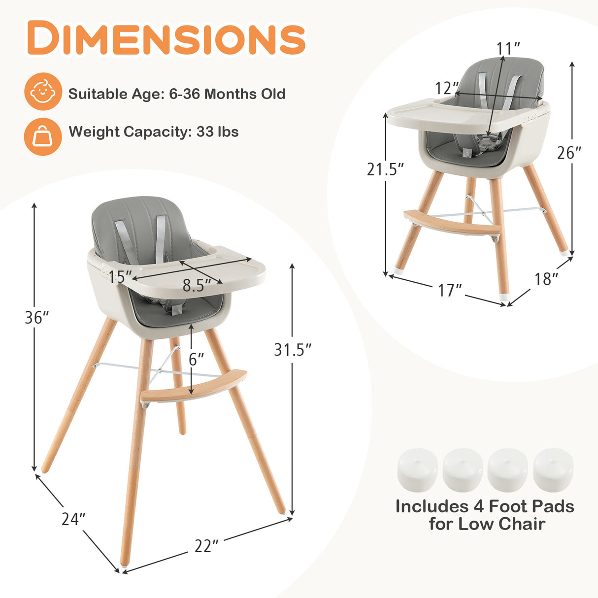 3-in-1 Convertible Wooden High Chair with Cushion