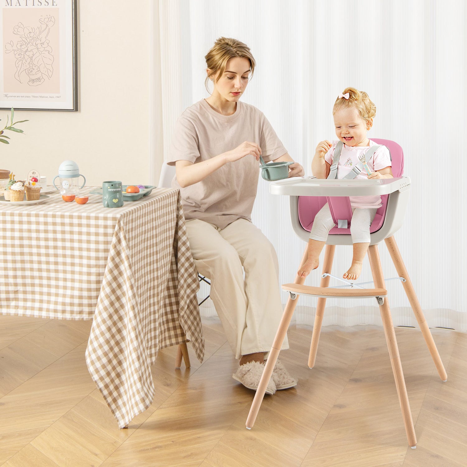 3-in-1 Convertible Wooden High Chair with Cushion