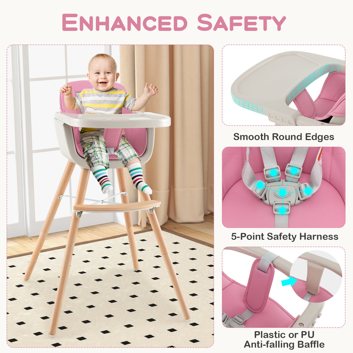 3-in-1 Convertible Wooden High Chair with Cushion