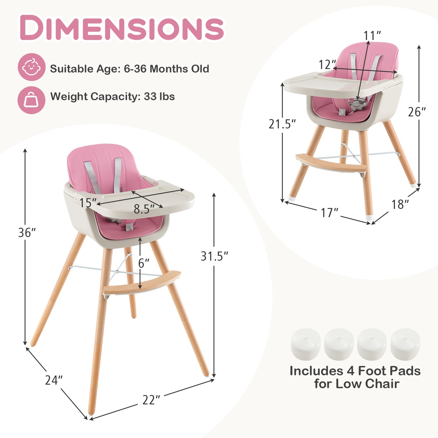 3-in-1 Convertible Wooden High Chair with Cushion