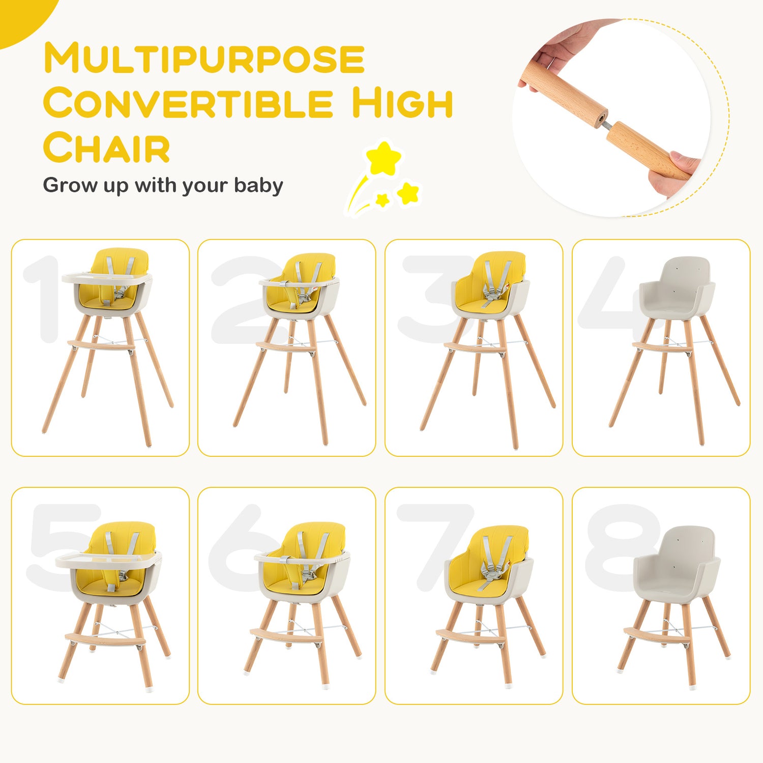 3-in-1 Convertible Wooden High Chair with Cushion