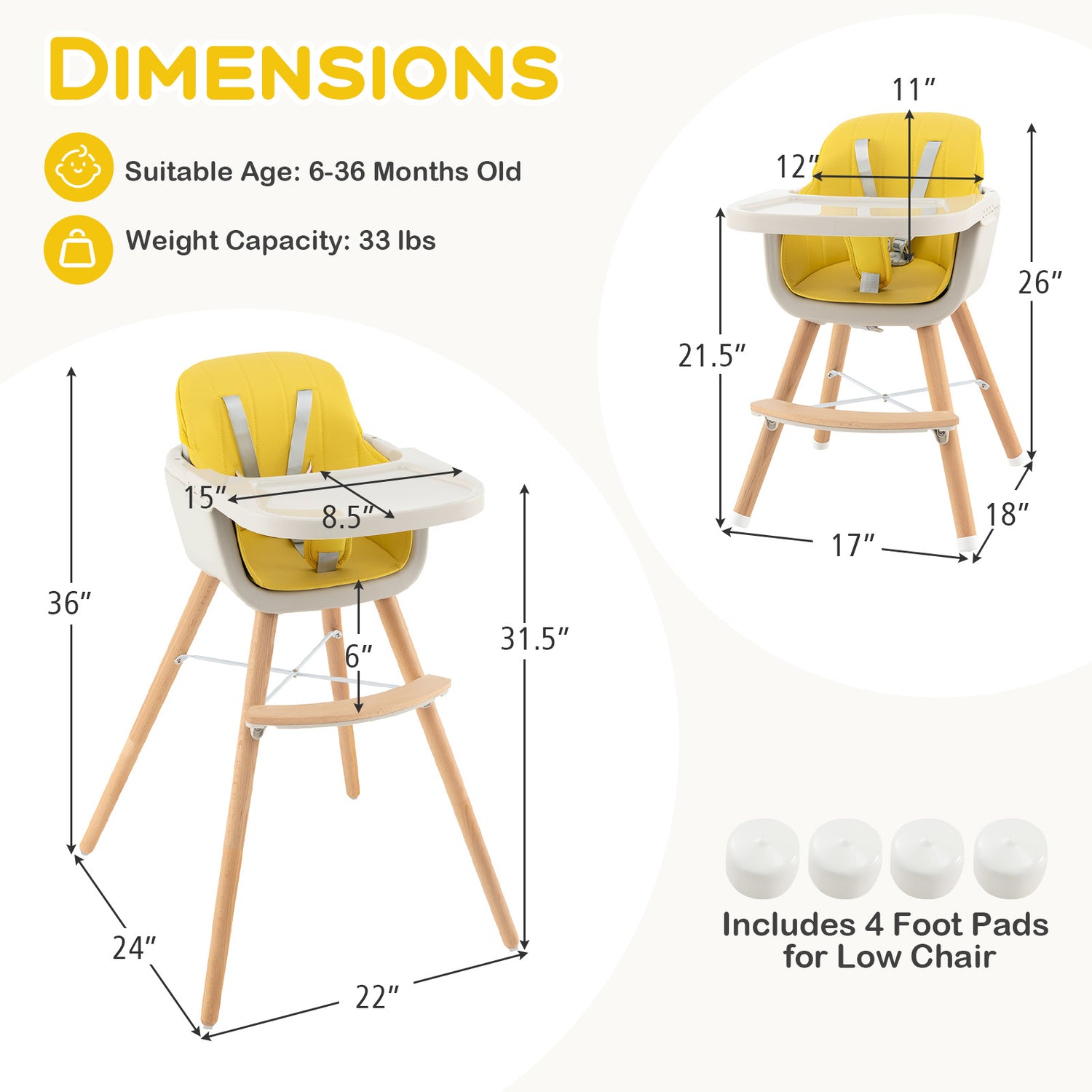 3-in-1 Convertible Wooden High Chair with Cushion