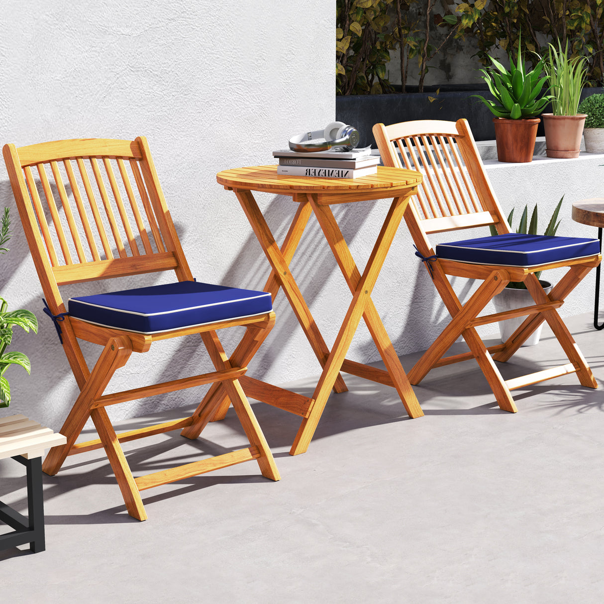 3 Pieces Acacia Wood Patio Folding Bistro Set with Soft Cushions