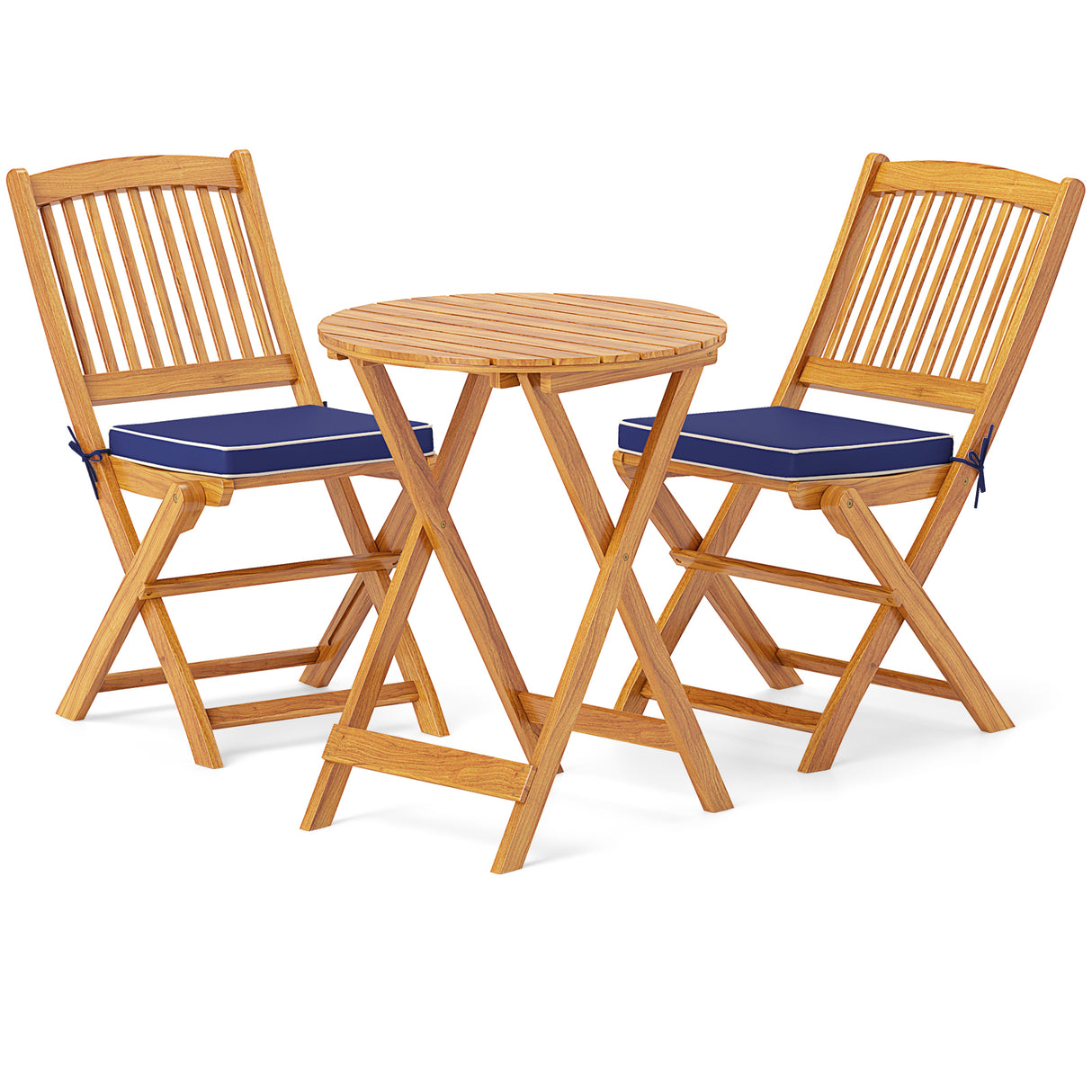 3 Pieces Acacia Wood Patio Folding Bistro Set with Soft Cushions