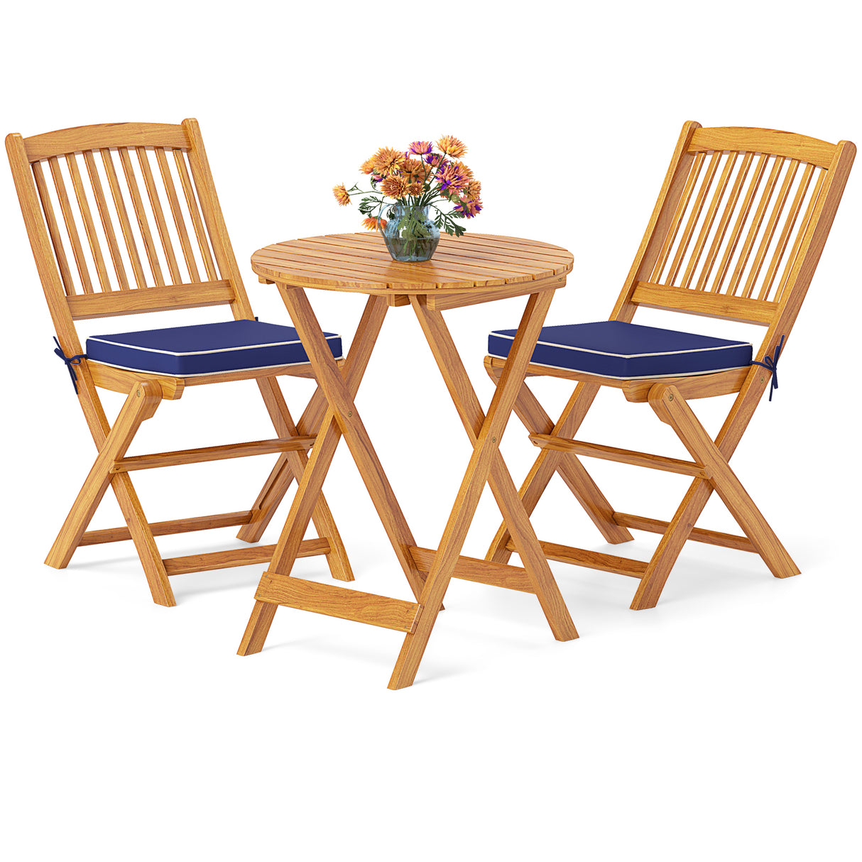 3 Pieces Acacia Wood Patio Folding Bistro Set with Soft Cushions
