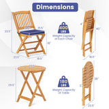 3 Pieces Acacia Wood Patio Folding Bistro Set with Soft Cushions