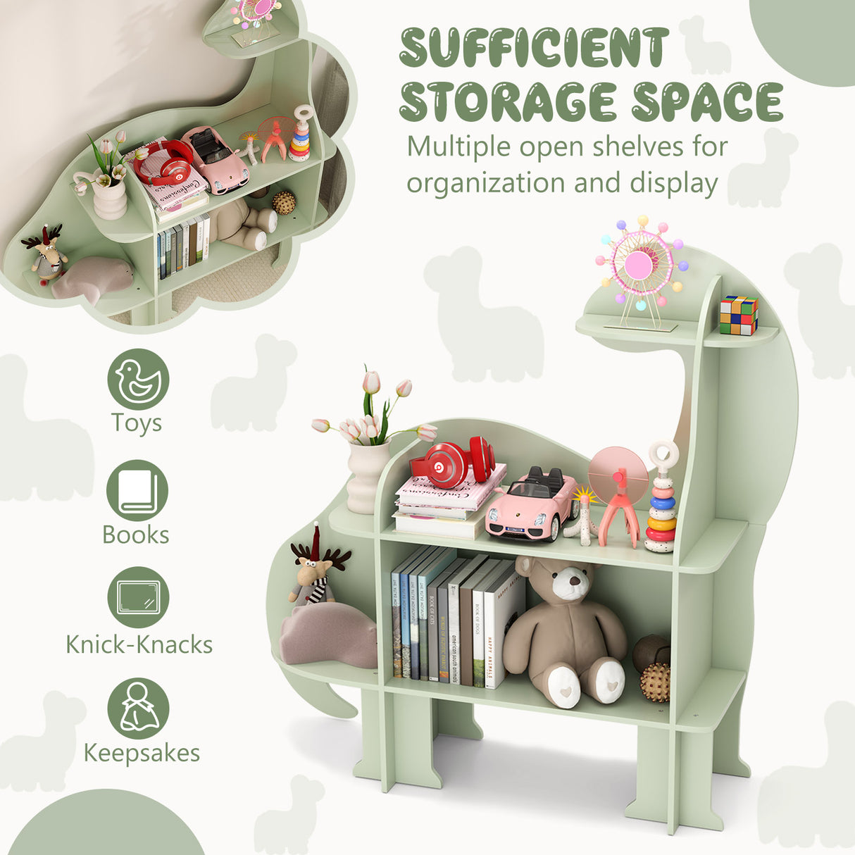 3-Tier Dinosaur Kids Bookshelf for Children-Green