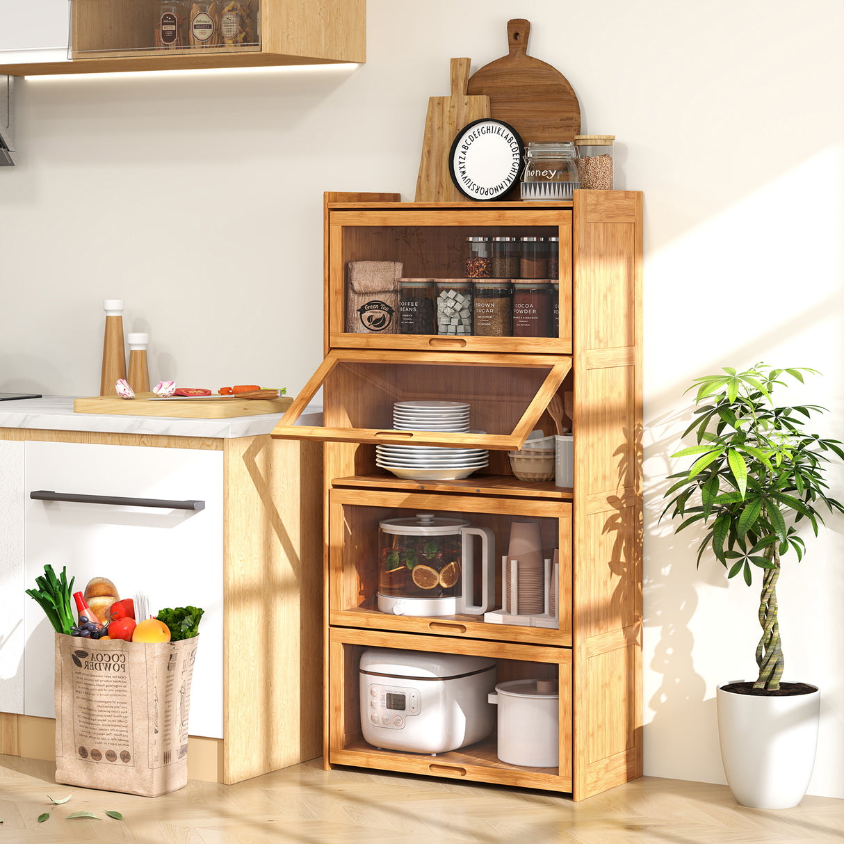 4-Tier Bamboo Bookcase with Doors for Study Room Living Room