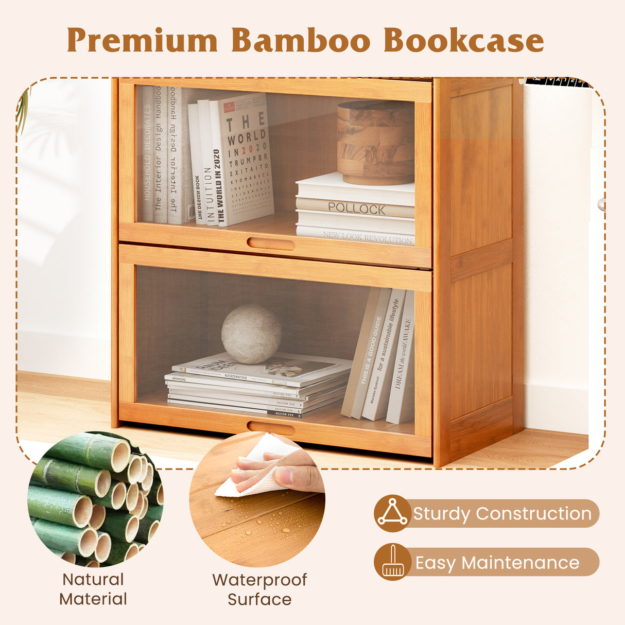 4-Tier Bamboo Bookcase with Doors for Study Room Living Room