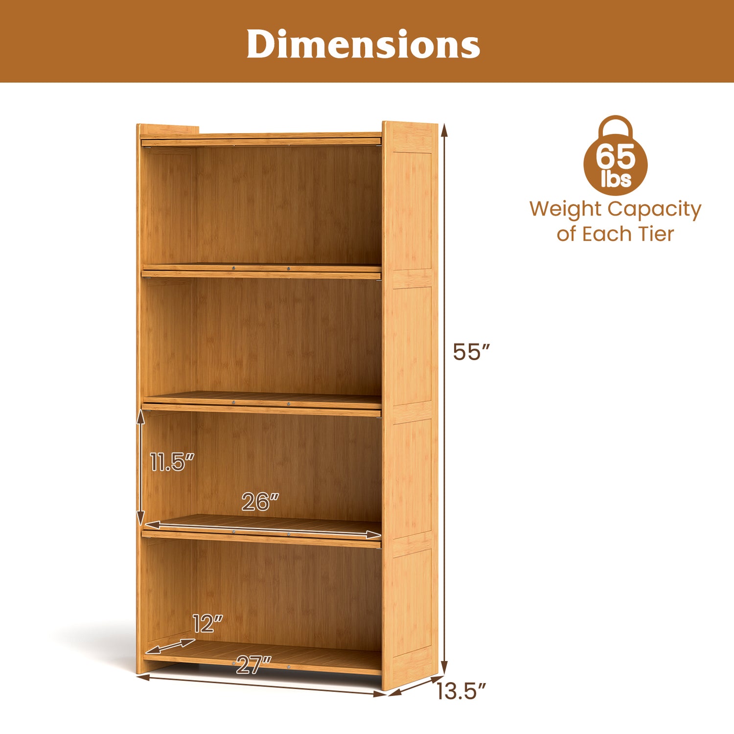4-Tier Bamboo Bookcase with Doors for Study Room Living Room