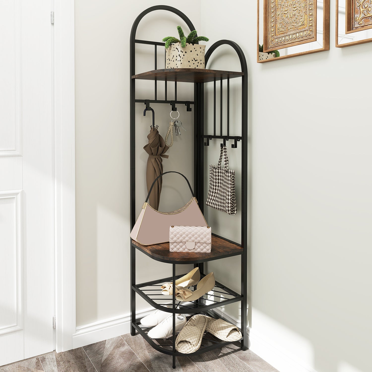 4-Tier Coat Rack Corner Hall Tree with Shoe Storage Bench