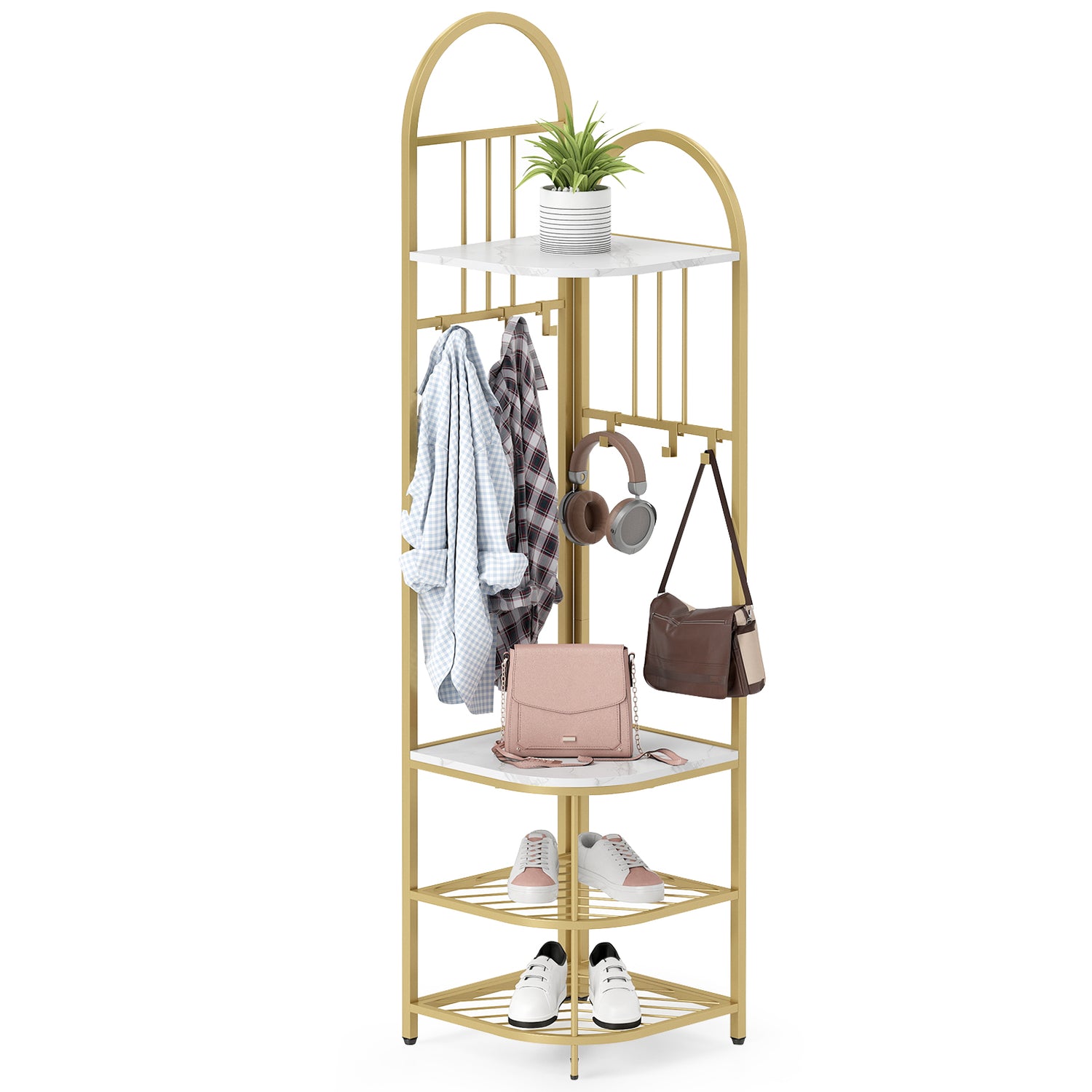 4-Tier Coat Rack Corner Hall Tree with Shoe Storage Bench
