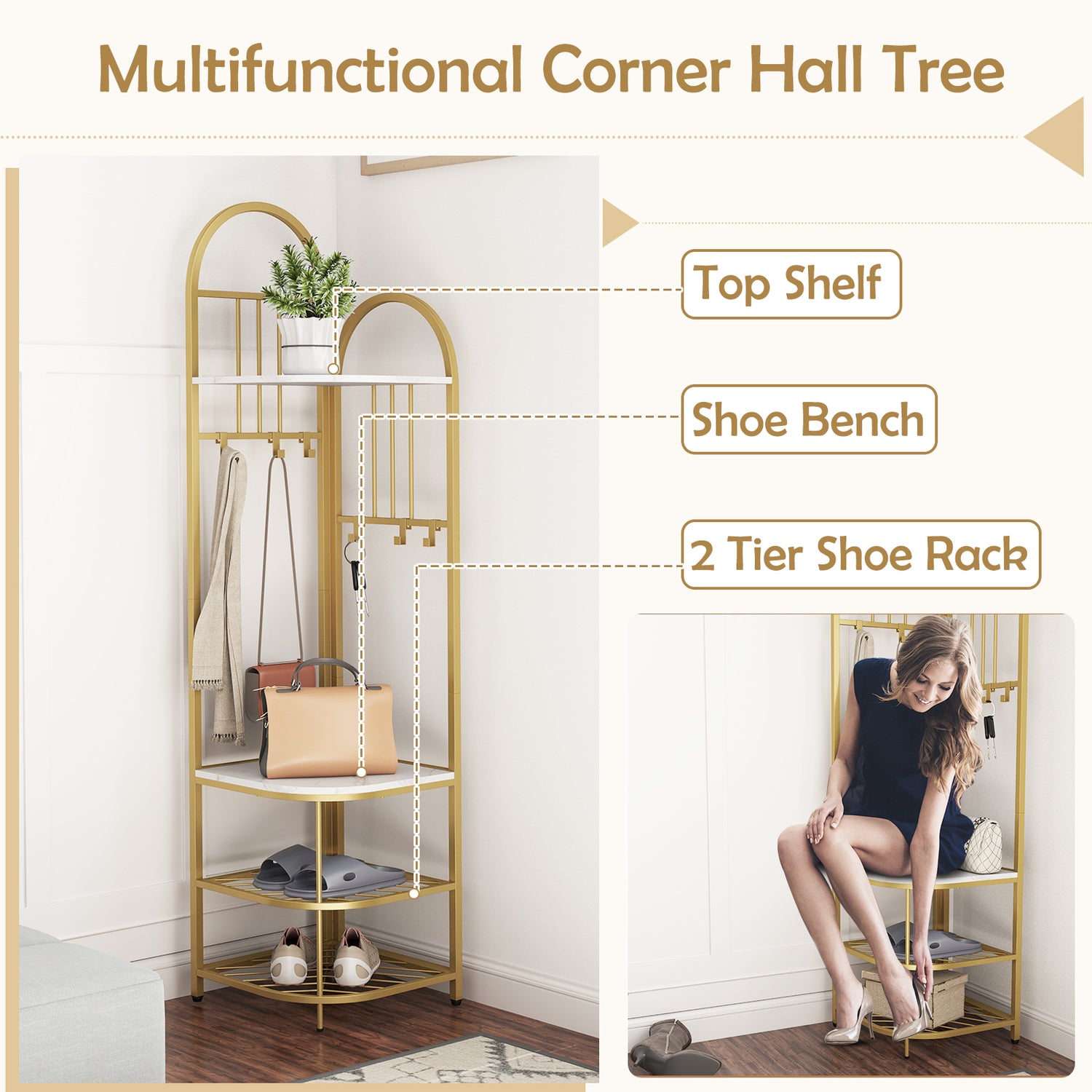4-Tier Coat Rack Corner Hall Tree with Shoe Storage Bench