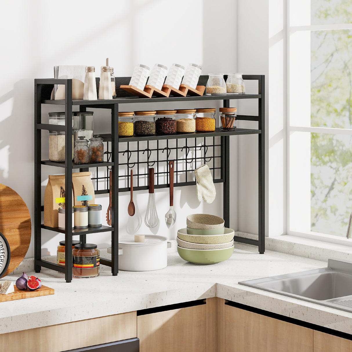 4-Tier Desk Shelf Desktop Display Rack with Metal Grid Panel and 6 Hooks