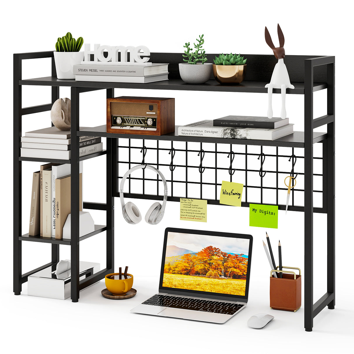 4-Tier Desk Shelf Desktop Display Rack with Metal Grid Panel and 6 Hooks