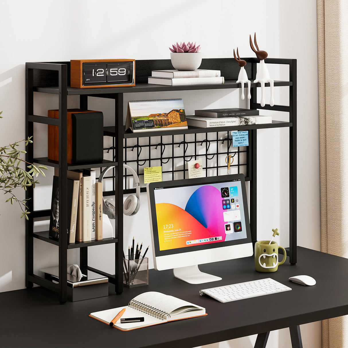 4-Tier Desk Shelf Desktop Display Rack with Metal Grid Panel and 6 Hooks