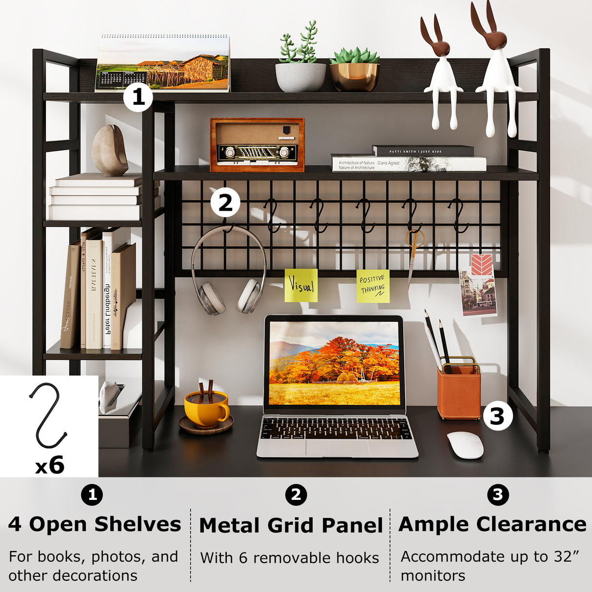 4-Tier Desk Shelf Desktop Display Rack with Metal Grid Panel and 6 Hooks