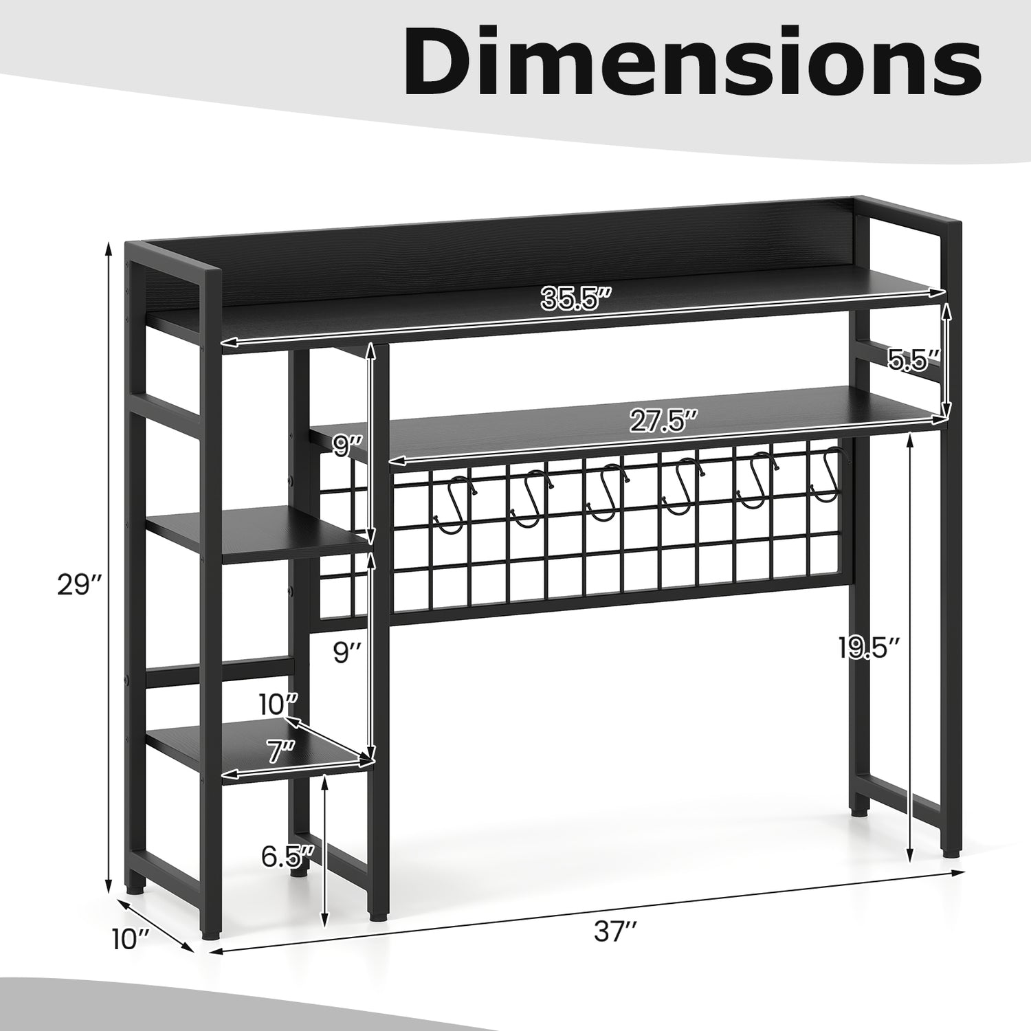 4-Tier Desk Shelf Desktop Display Rack with Metal Grid Panel and 6 Hooks