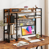 4-Tier Desk Shelf Desktop Display Rack with Metal Grid Panel and 6 Hooks