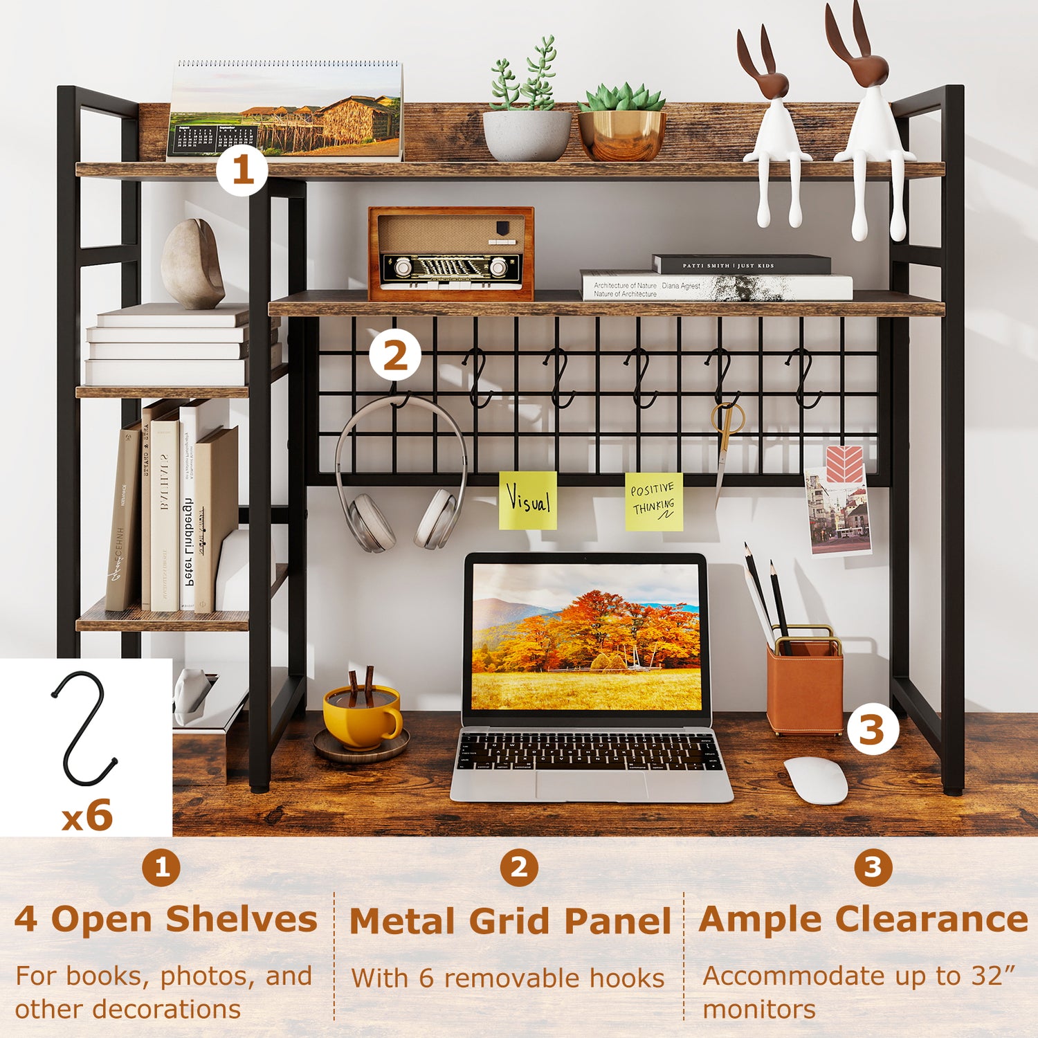 4-Tier Desk Shelf Desktop Display Rack with Metal Grid Panel and 6 Hooks
