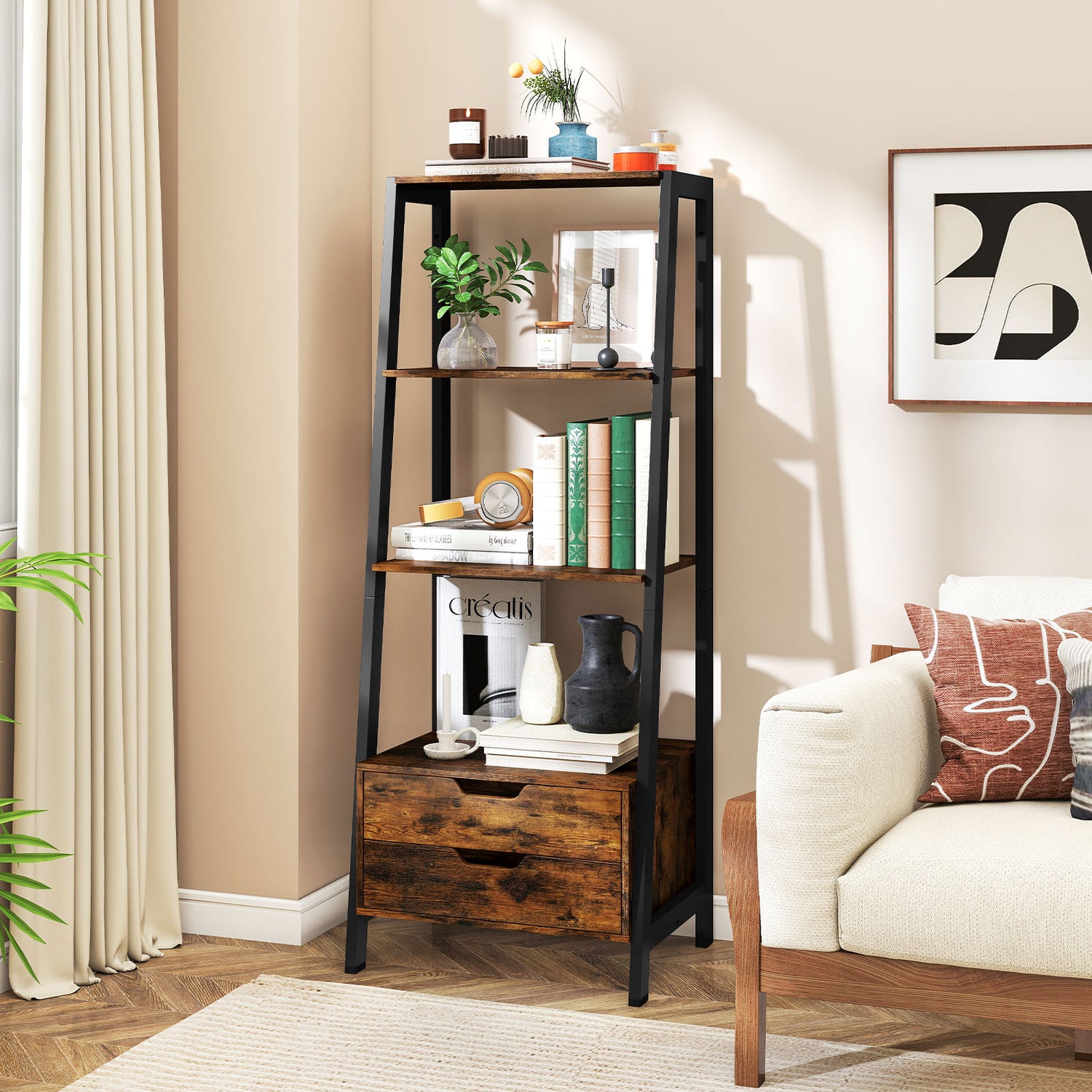4-Tier Ladder Shelf with 2 Drawers 52.5 Inch Tall Freestanding Bookcase