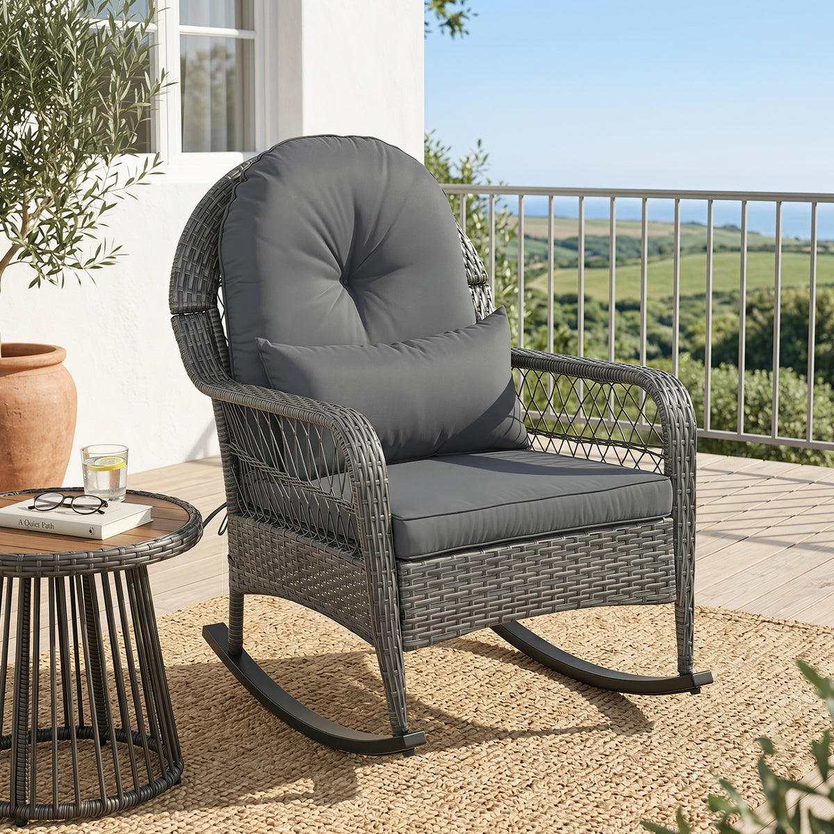 400 LBS Patio Rattan Rocker Chair with Anti-Tip Stoppers and Thick Cushions for Porch-Gray