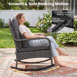 400 LBS Patio Rattan Rocker Chair with Anti-Tip Stoppers and Thick Cushions for Porch-Gray