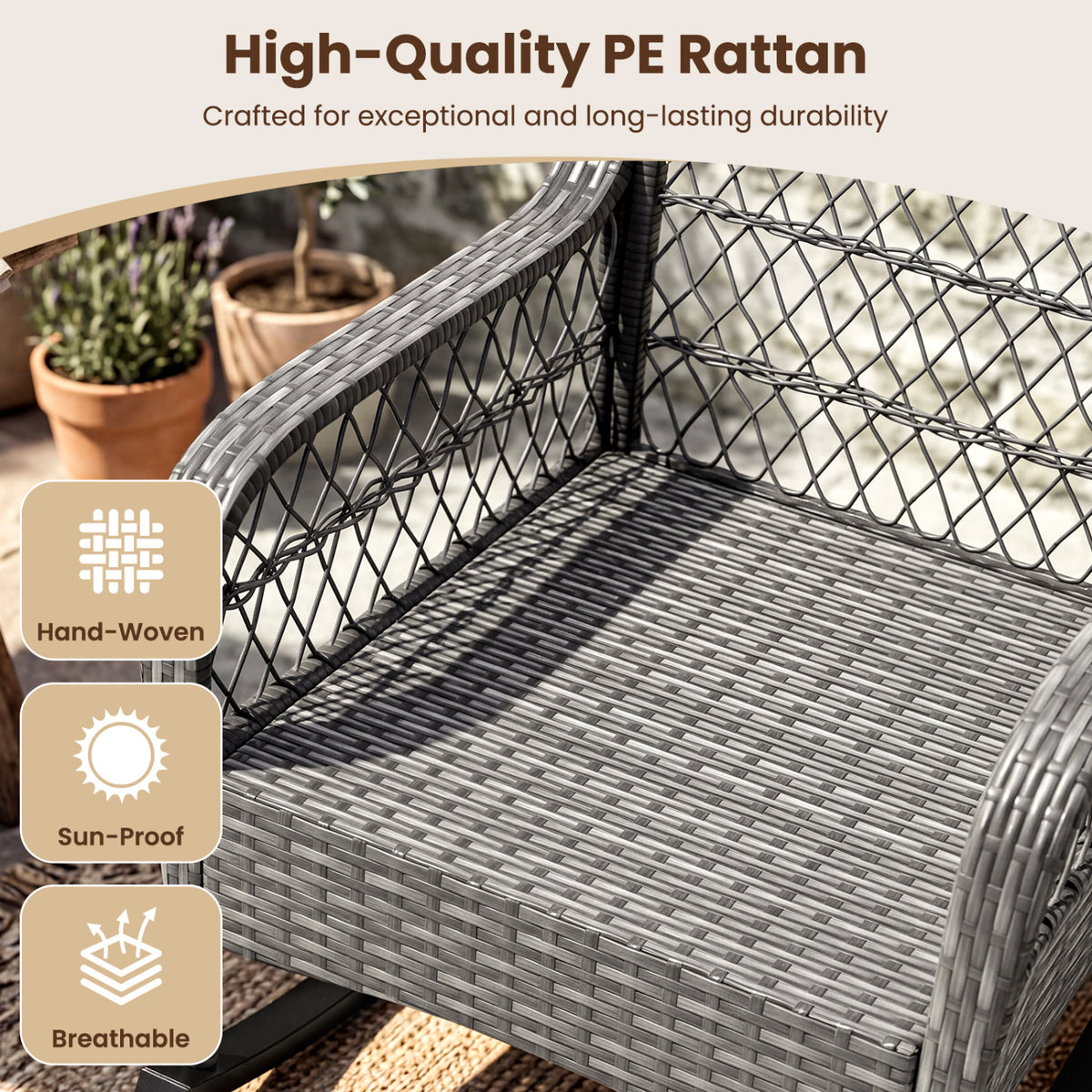 400 LBS Patio Rattan Rocker Chair with Anti-Tip Stoppers and Thick Cushions for Porch-Gray