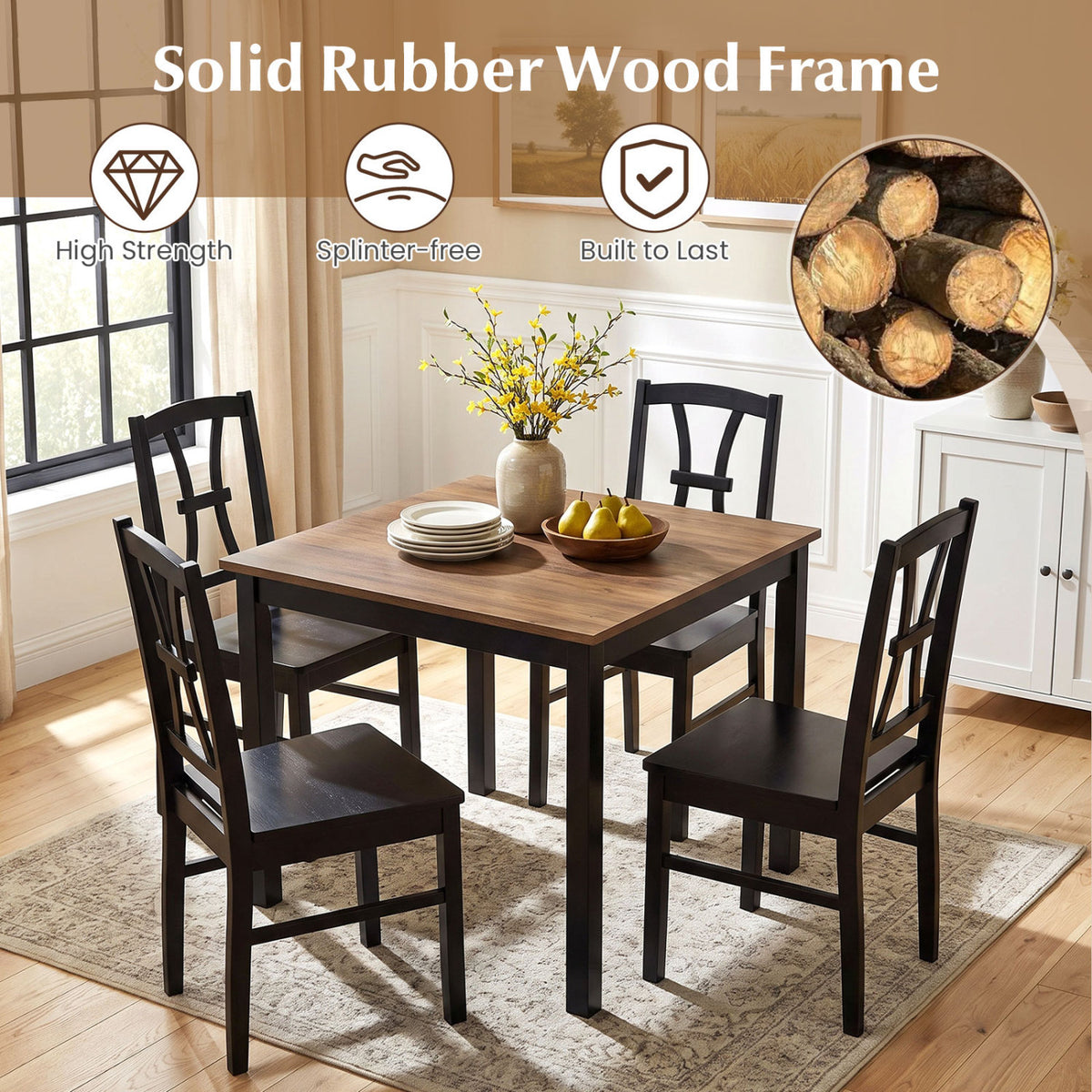 400 lbs Capacity Dining Chair Set of 2 with Cross Backrest and Rubber Wood Frame