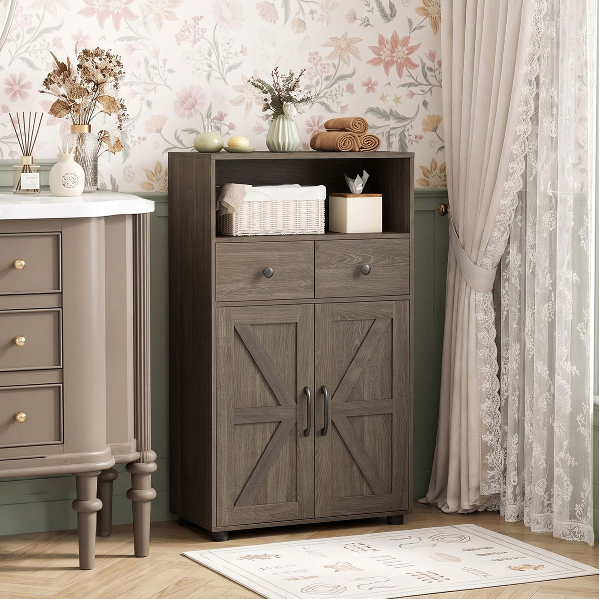 40" Bathroom Storage Cabinet with Drawers and Removable Shelf-Oak