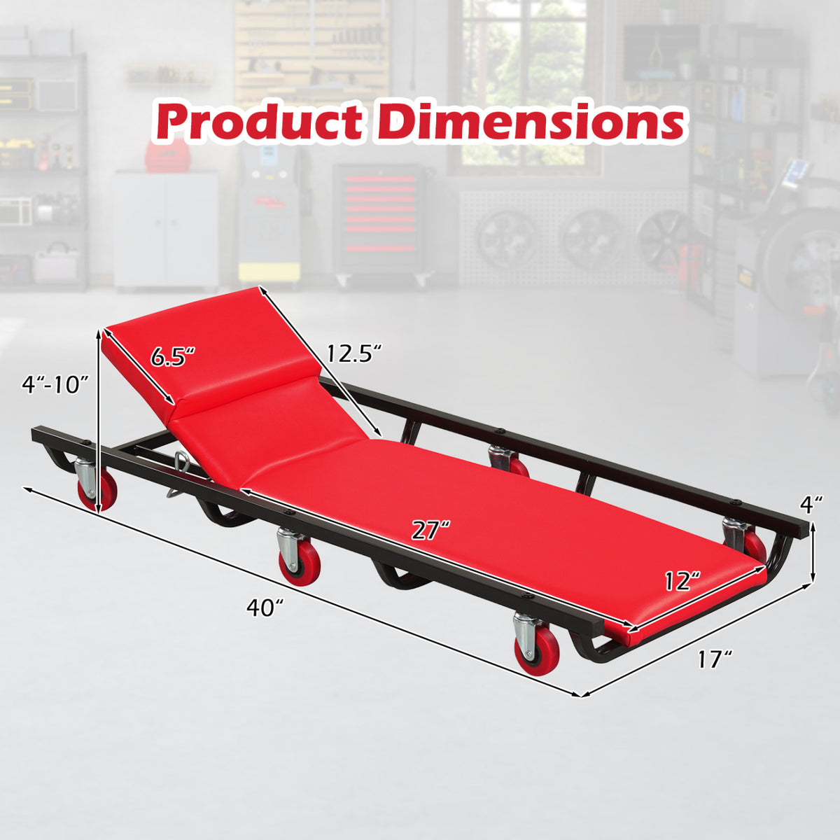 Rolling Creeper Padded Mechanic Cart with Adjustable Backrest and Headrest