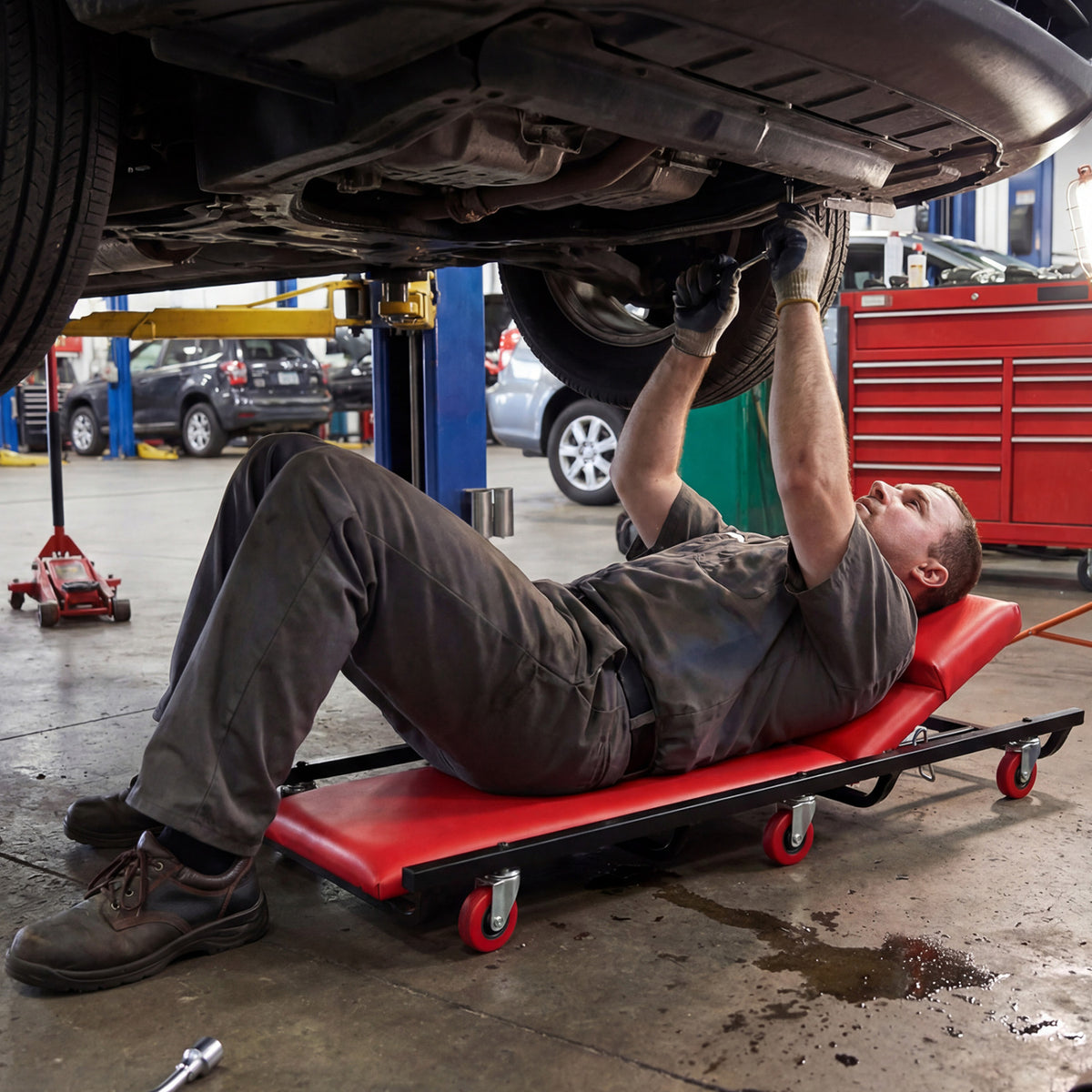 Rolling Creeper Padded Mechanic Cart with Adjustable Backrest and Headrest