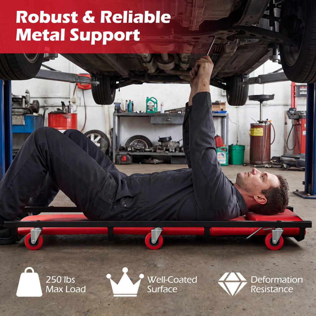 Rolling Creeper Padded Mechanic Cart with Adjustable Backrest and Headrest