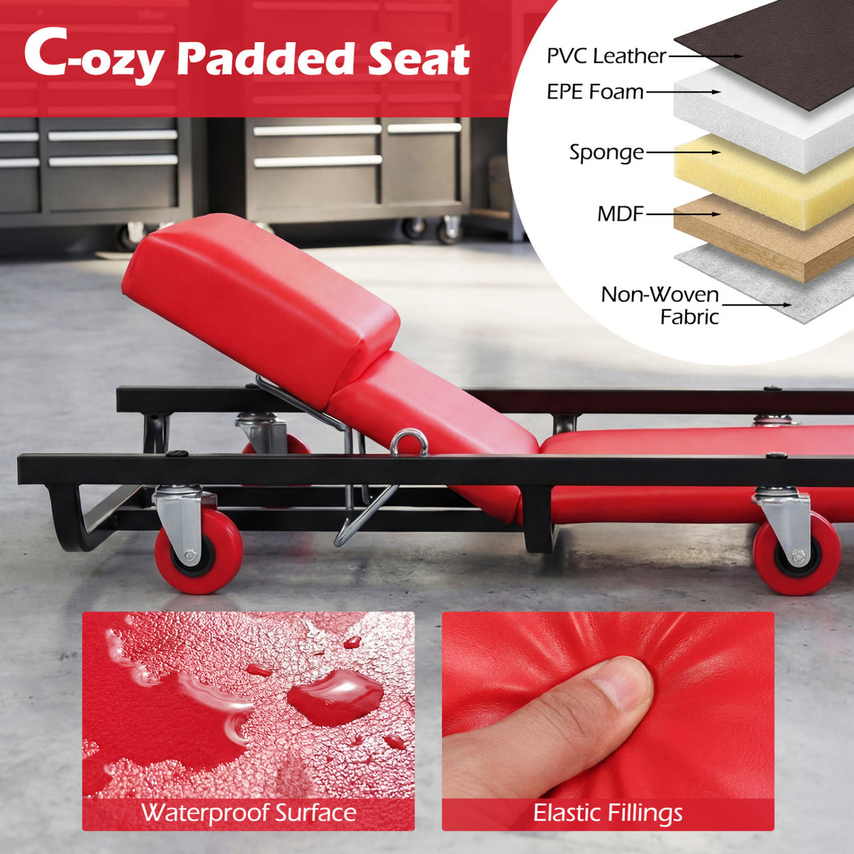 Rolling Creeper Padded Mechanic Cart with Adjustable Backrest and Headrest