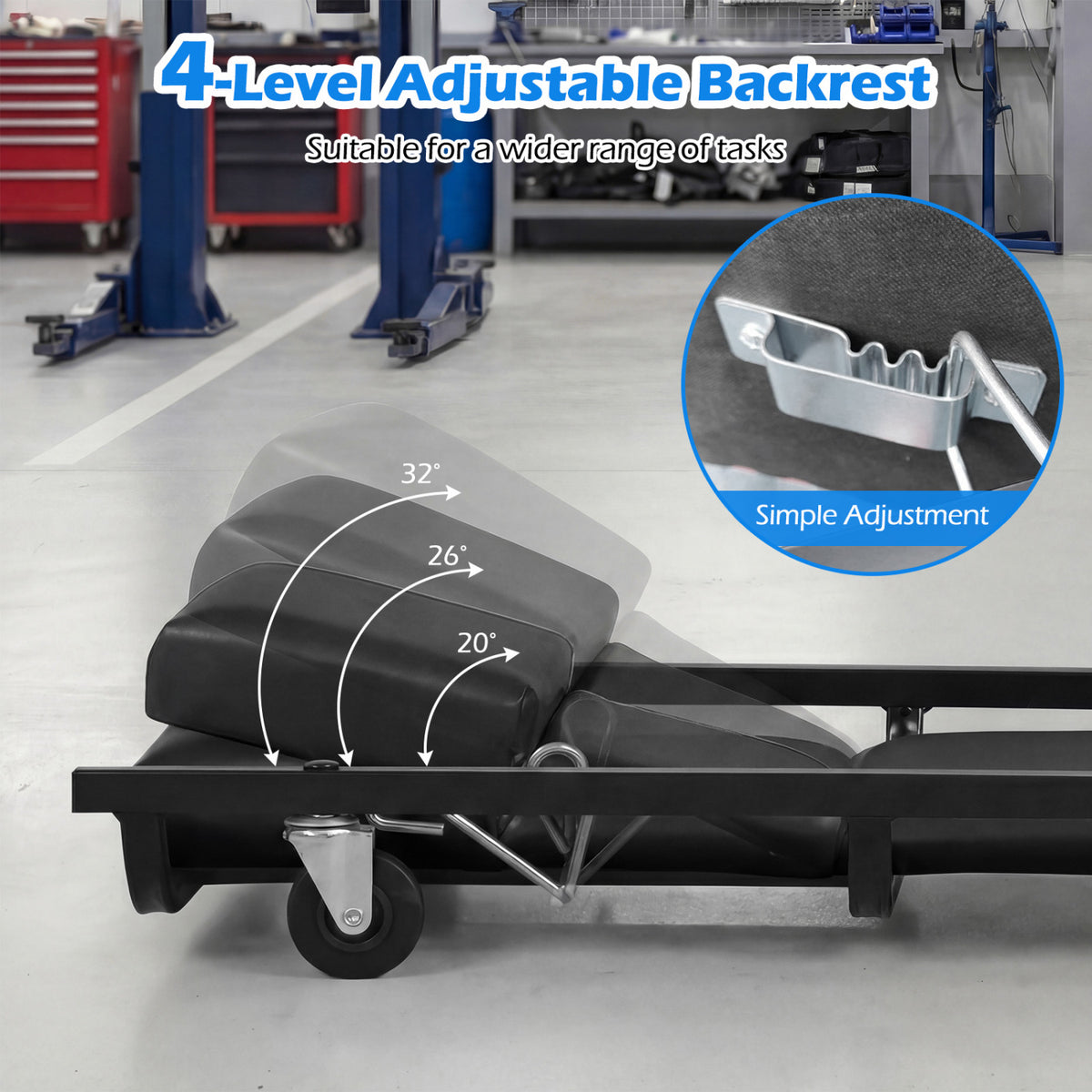 Rolling Creeper Padded Mechanic Cart with Adjustable Backrest and Headrest