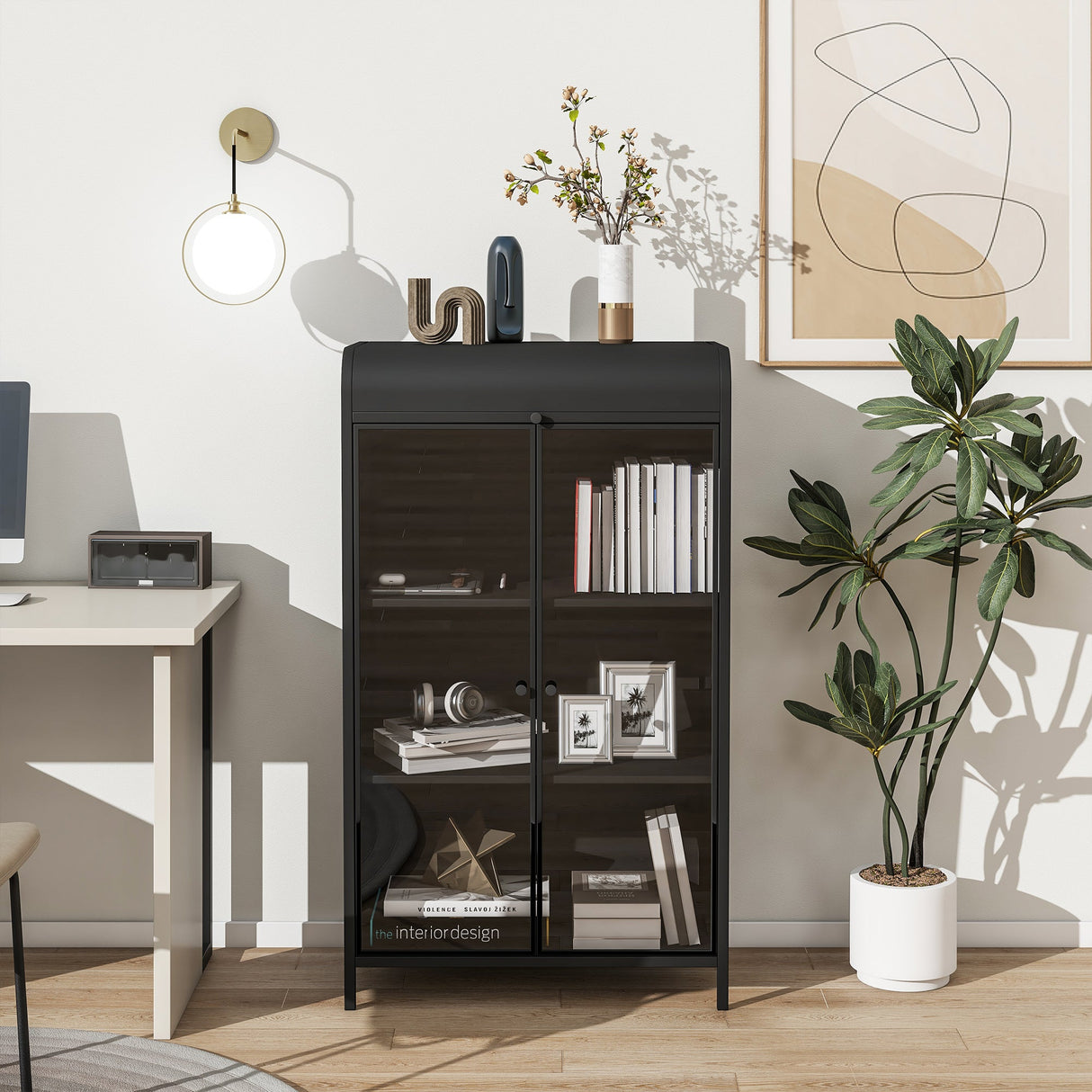 47.6' Tall Metal Storage Cabinet with Glass Doors & Flip-Top, 4-Tier Display Cabinet with Open Shelves, Freestanding Steel Sideboard Buffet for Kitchen, Living Room, Home Office, Dining Room, Bathroom