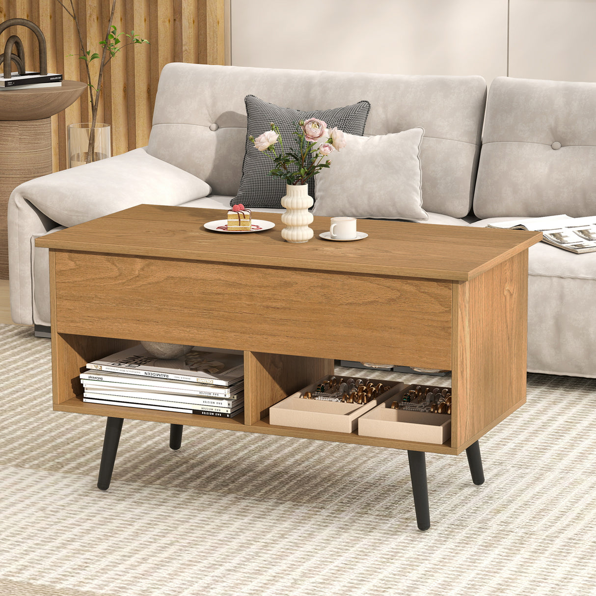 31.5 Inch Lift Top Coffee Table with Hidden Compartment and 2 Storage Shelves