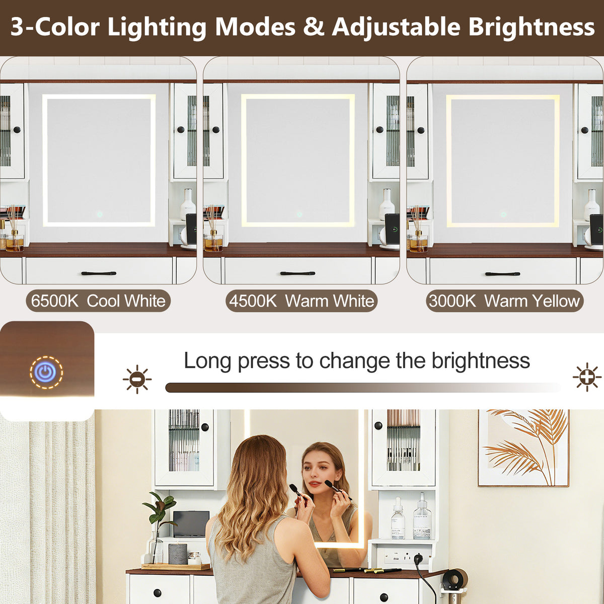 41.5 Inch Makeup Dressing Table with Power Outlets and 3 Color Lighting Modes-White+