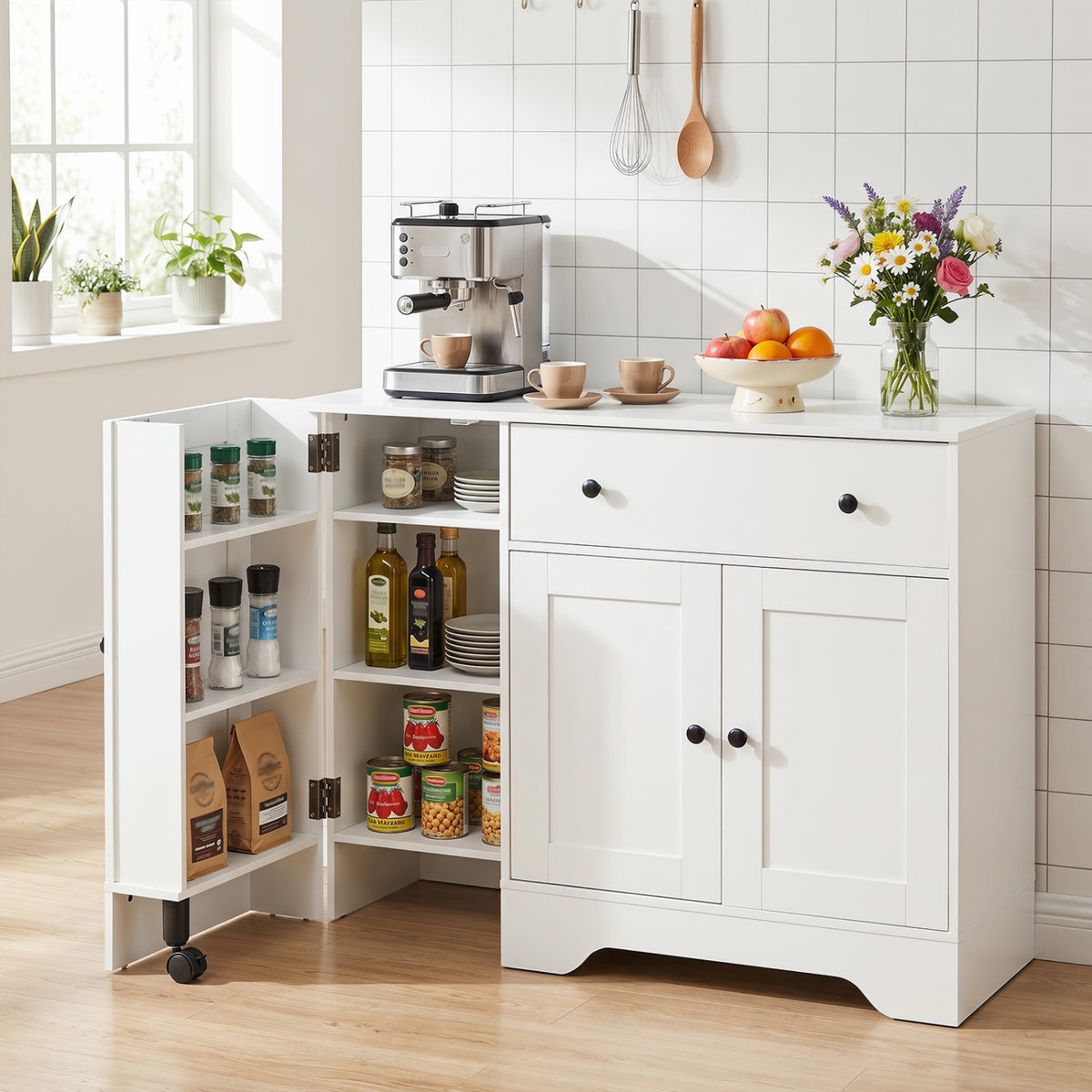 41.5â Modern Coffee Bar Cabinet with 3 Doors and Rolling Wheel-White