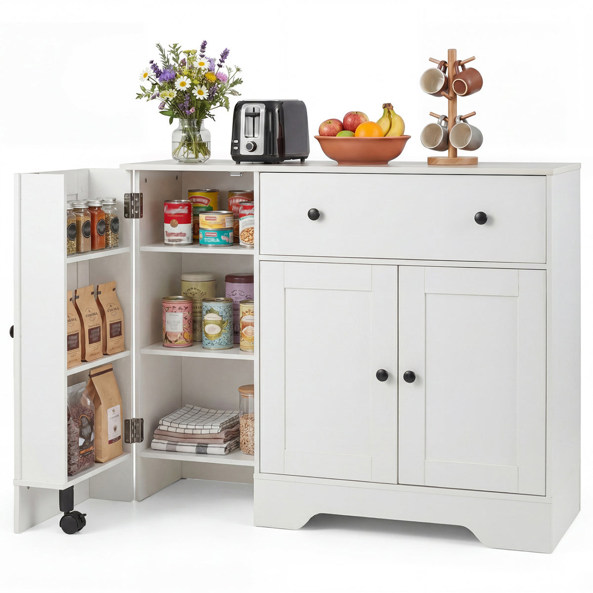 41.5â Modern Coffee Bar Cabinet with 3 Doors and Rolling Wheel-White