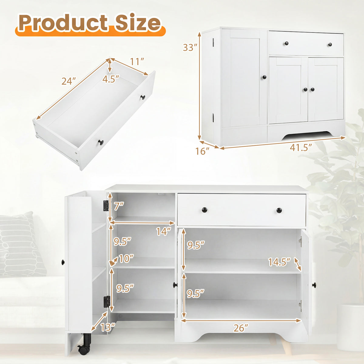 41.5â Modern Coffee Bar Cabinet with 3 Doors and Rolling Wheel-White