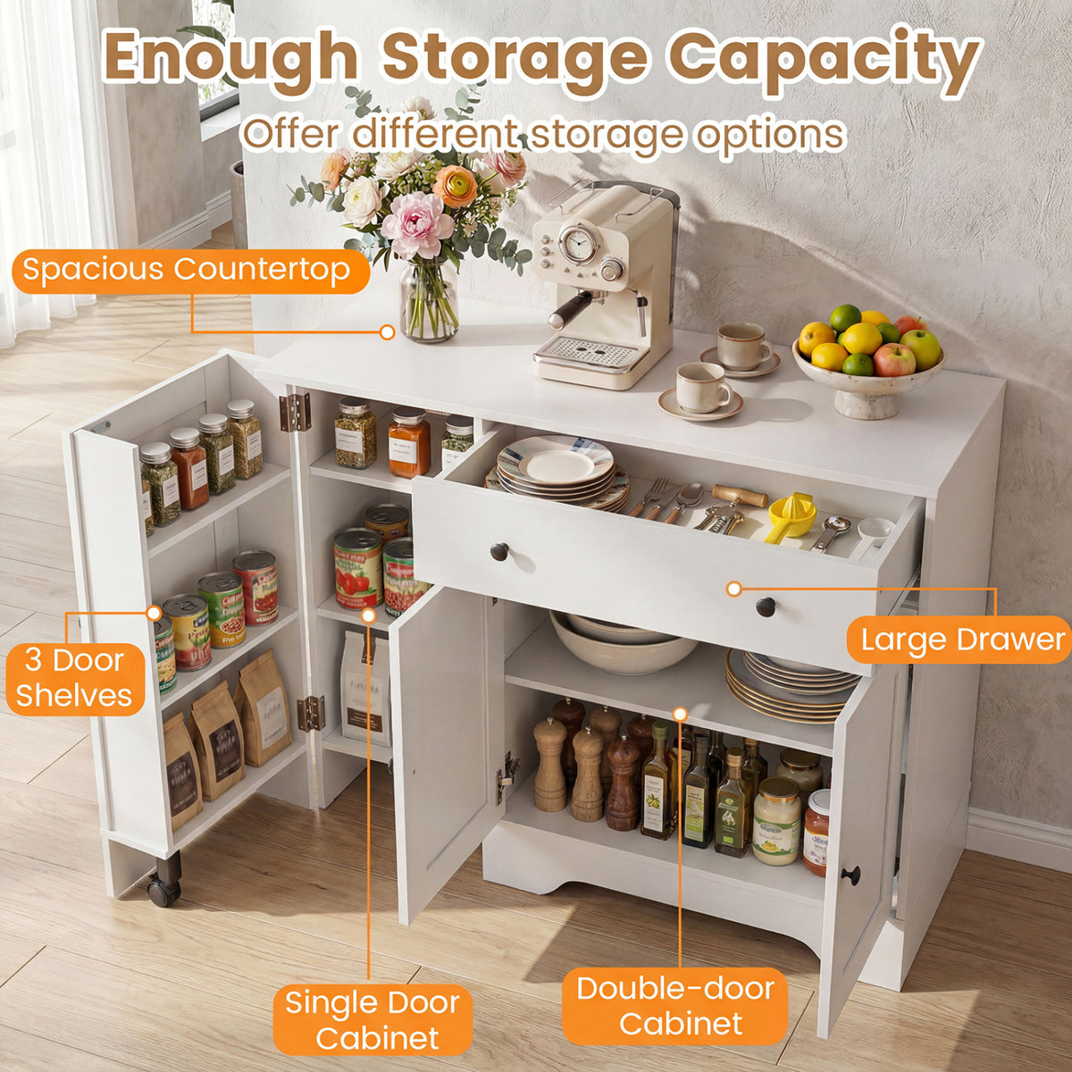 41.5â Modern Coffee Bar Cabinet with 3 Doors and Rolling Wheel-White